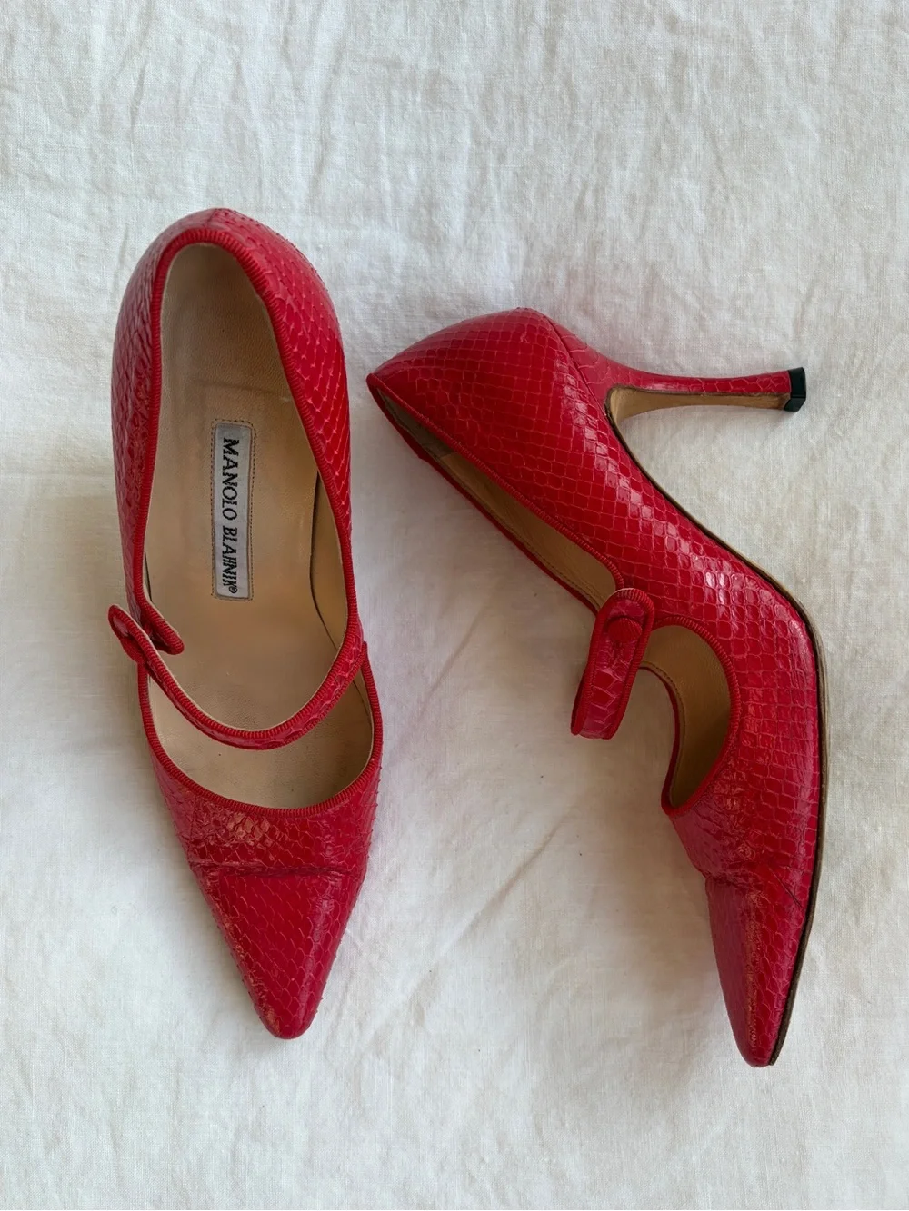 Vintage Manolo Blahnik Python Snake Leather Pointy Toe Mary Jane Heels Red